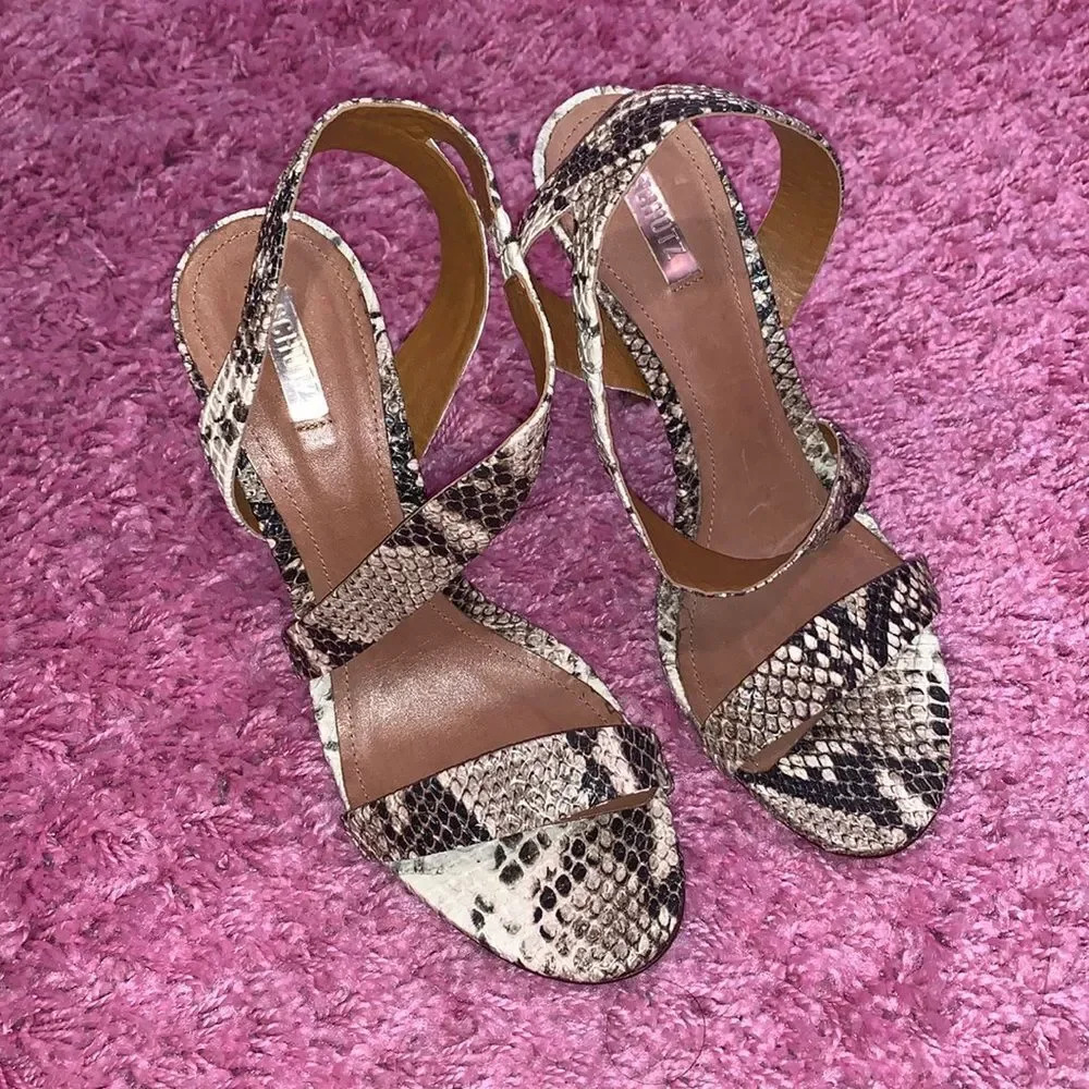 Schutz Keefa Snakeskin Slingback Heels Brown Tan Size 7